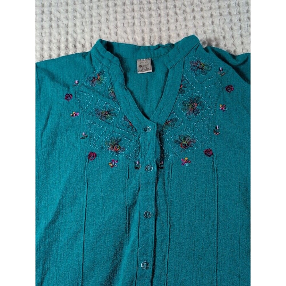 100% Cotton Embroidered V-Neck Button-Front Women's Shirt - Teal Size M - Picture 7 of 10